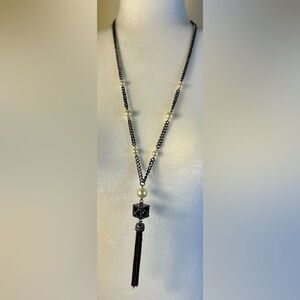 Gunmetal Pearl Strand Statement Necklace with Crystal Stones